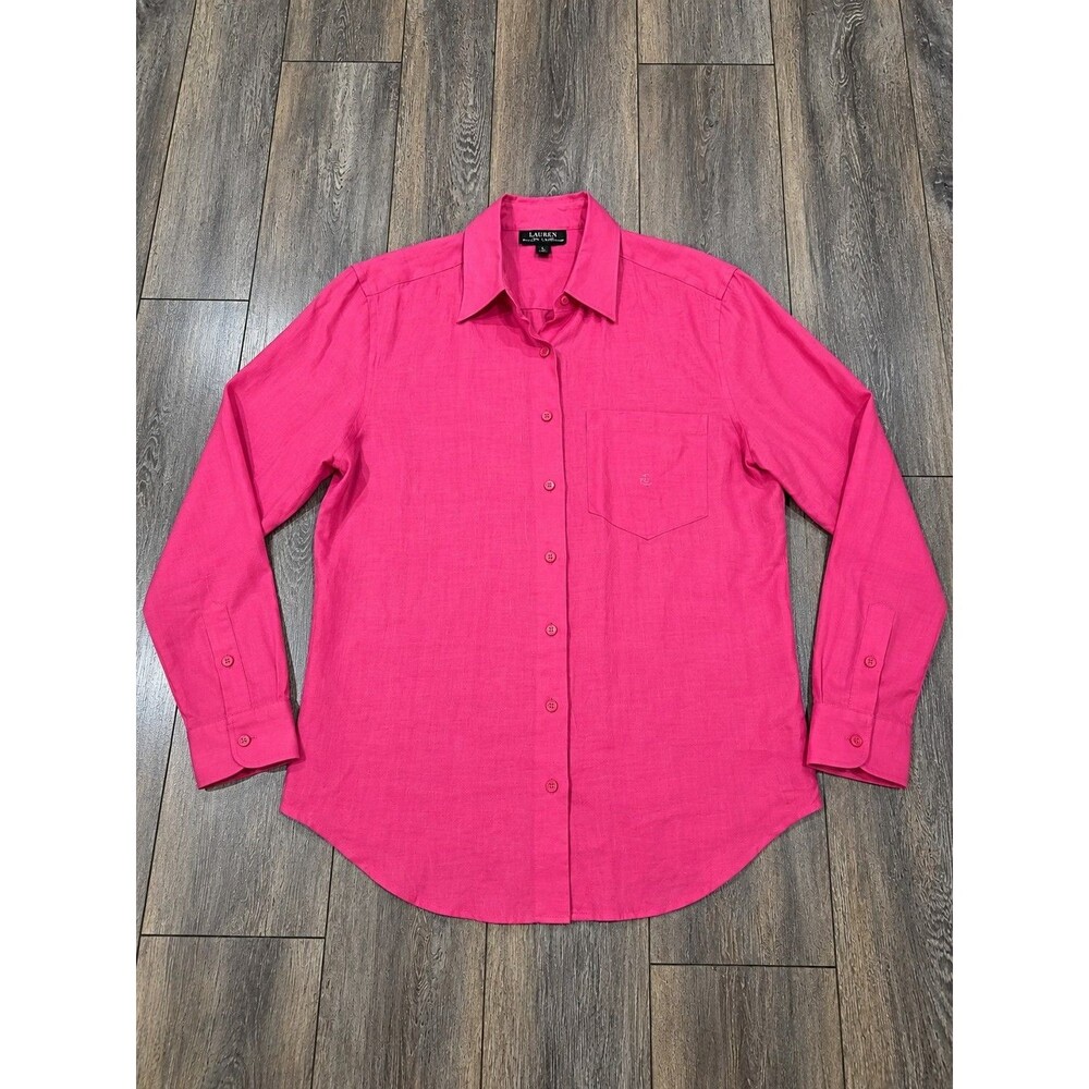 Lauren Ralph Lauren 14W Pink 100% Linen Button Up Shirt Long Sleeve Logo